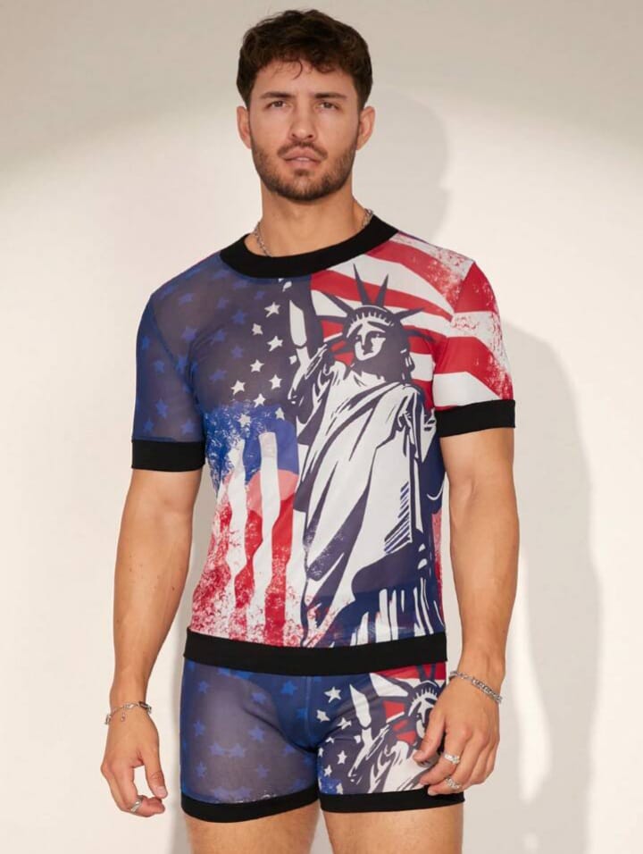 Crystal City Men's Digital Printed Mesh, American Flag Round Neck Slime Fit Short Sleeve Sleepwear
